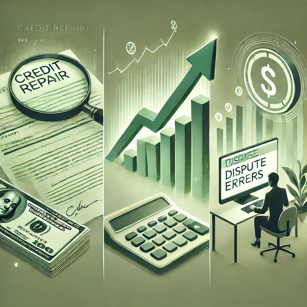 Illustration of how credit repair works, featuring a magnifying glass over a credit report, a person disputing errors, and a graph showing credit score improvement in a money-green color scheme.